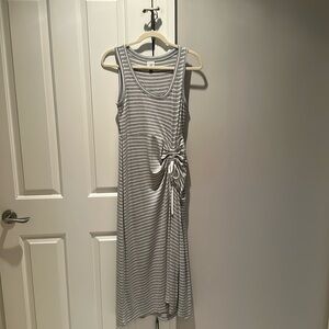 CAbi Maxi Dress Easy Style #5974 Small Grey White Stripe Ruching Stretchy Comfy